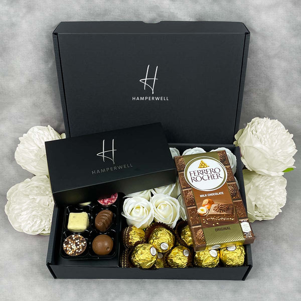 Ferrero Rocher Ultimate Gift Hamper With Ivory Roses available to buy at www.giftsfinder.co.uk