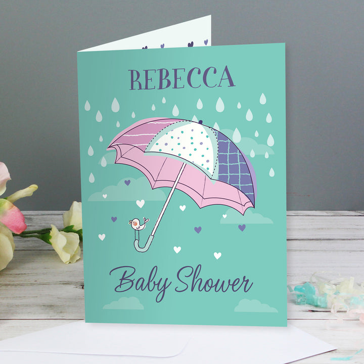 Buy Personalised Baby Shower Umbrella Card at www.giftsfinder.co.uk