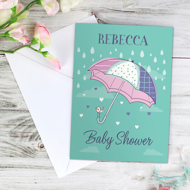 Buy Personalised Baby Shower Umbrella Card at www.giftsfinder.co.uk