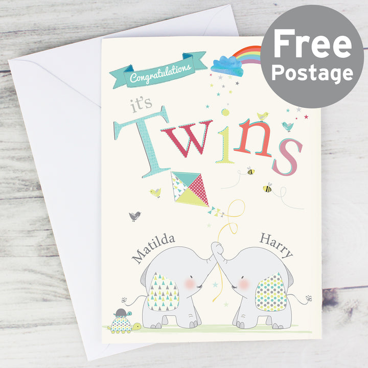 Buy Personalised Hessian Elephant Twins Card at www.giftsfinder.co.uk