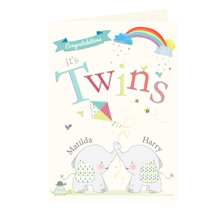 Buy Personalised Hessian Elephant Twins Card at www.giftsfinder.co.uk