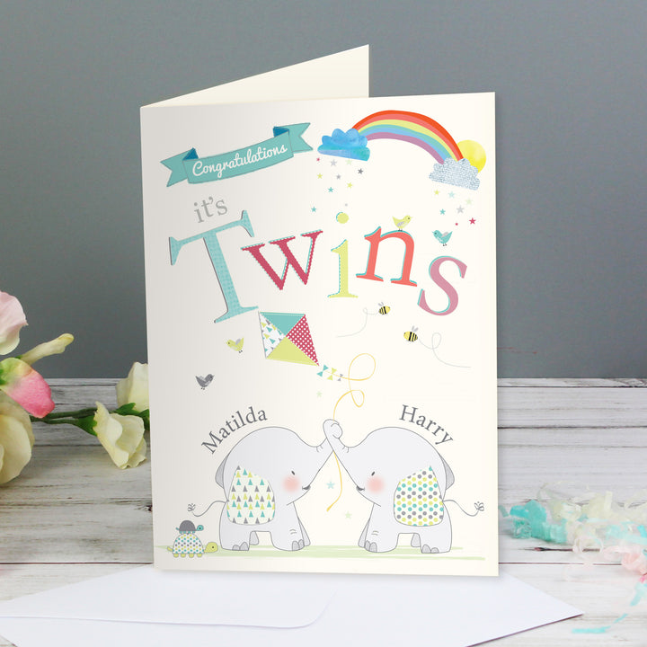 Buy Personalised Hessian Elephant Twins Card at www.giftsfinder.co.uk