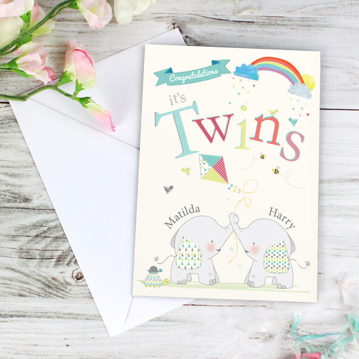 Buy Personalised Hessian Elephant Twins Card at www.giftsfinder.co.uk