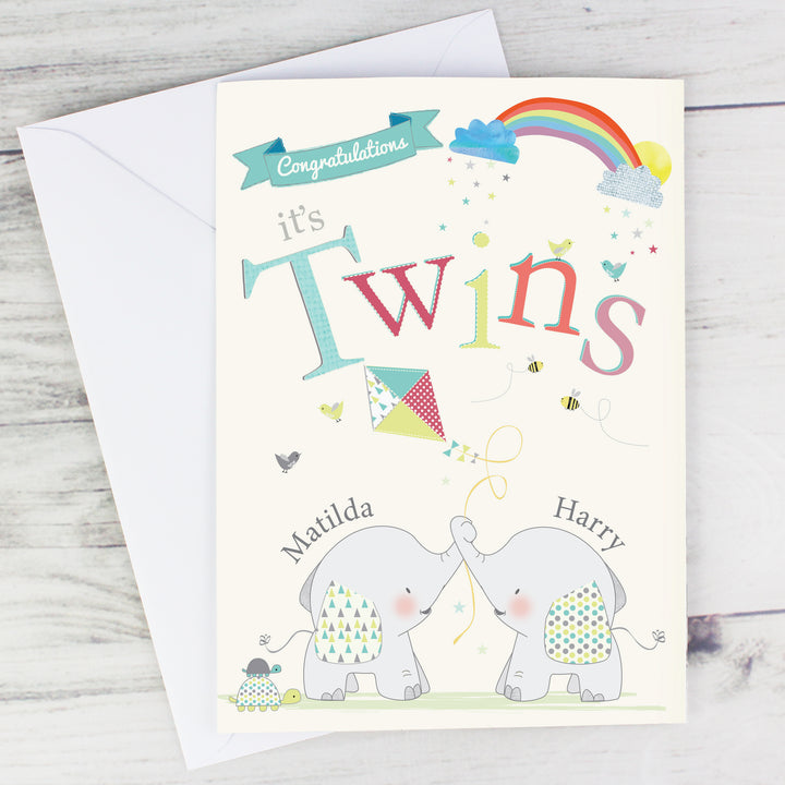 Buy Personalised Hessian Elephant Twins Card at www.giftsfinder.co.uk