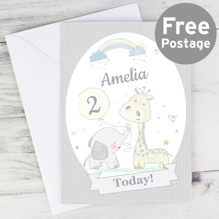 Buy Personalised Hessian Giraffe & Elephant Card at www.giftsfinder.co.uk