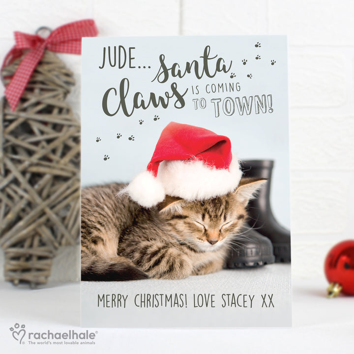 Personalised Rachael Hale Santa Claws Christmas Cat Card - part of the Gifts Finder Personalised Christmas Cards collection