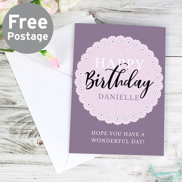 Buy Personalised Lilac Lace Birthday Card at www.giftsfinder.co.uk