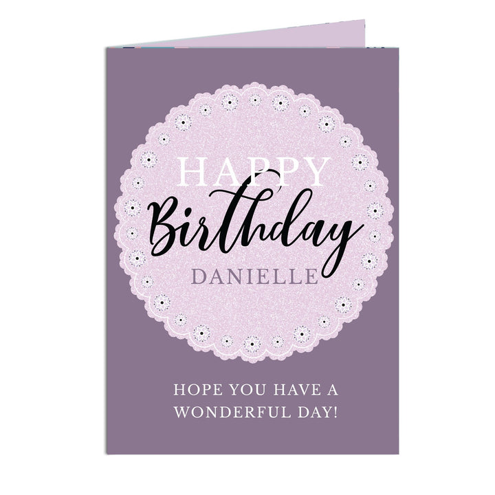 Buy Personalised Lilac Lace Birthday Card at www.giftsfinder.co.uk