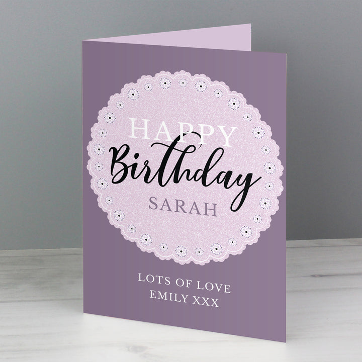 Buy Personalised Lilac Lace Birthday Card at www.giftsfinder.co.uk