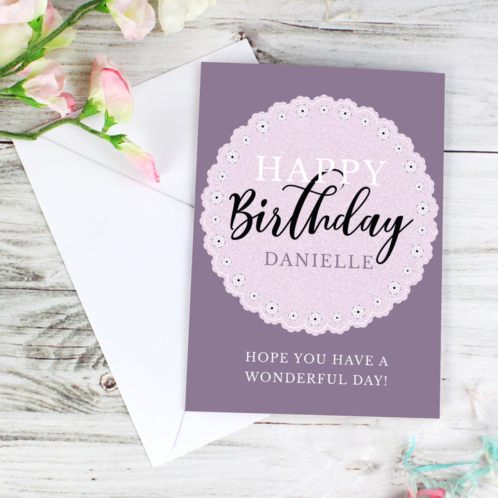 Buy Personalised Lilac Lace Birthday Card at www.giftsfinder.co.uk