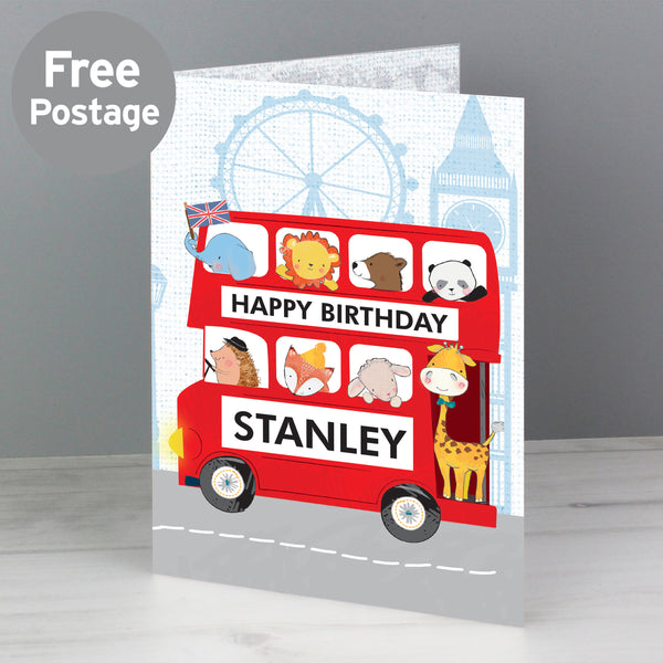 Buy Personalised London Animal Bus Birthday Card at www.giftsfinder.co.uk