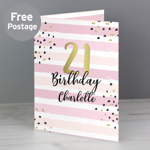 Buy Personalised Gold and Pink Stripe Birthday Card at www.giftsfinder.co.uk