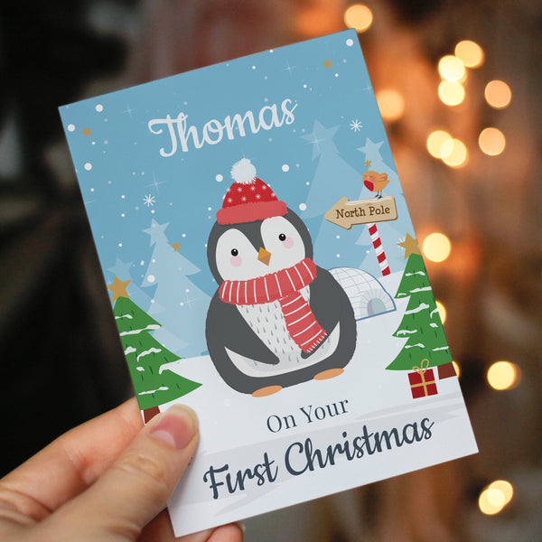 Buy Personalised Christmas Penguin Card available now at www.giftsfinder.co.uk