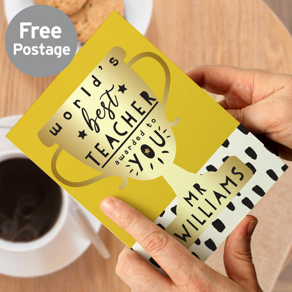 Personalised World's Best Teacher Trophy Greeting Card - part of the Personalised Teacher Gifts collection