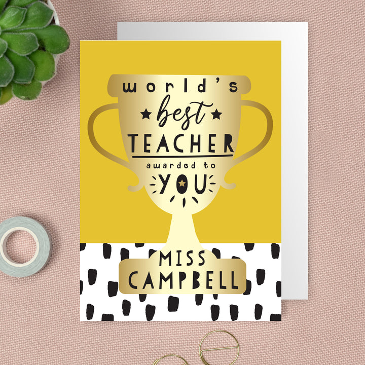 Personalised World's Best Teacher Trophy Greeting Card in gift category Personalised Teacher Gifts