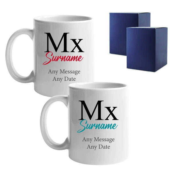 Gender Neutral Wedding Mug Set, Mx and Mx Classic Font Design () available to buy now at www.giftsfinder.co.uk