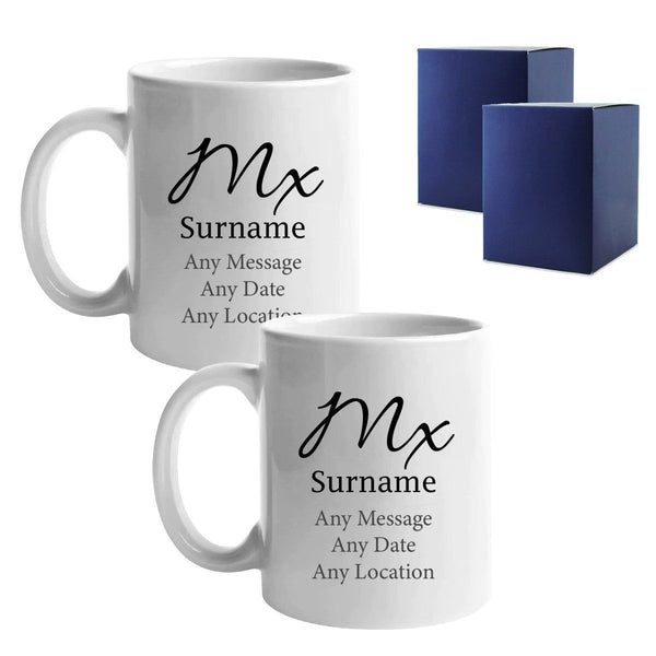 Gender Neutral Wedding Mug Set, Mx and Mx Elegant Font Design () available to buy now at www.giftsfinder.co.uk