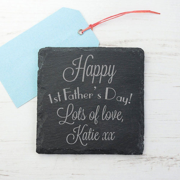 Happy 1st Father's Day Square Slate Keepsake (Personalised Ornaments & Keepsakes) available to buy now at www.giftsfinder.co.uk