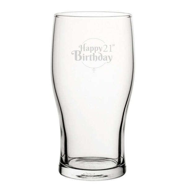 Happy 21st Birthday Balloon Design - Engraved Novelty Tulip Pint Glass (Beer Glasses) available to buy now at www.giftsfinder.co.uk