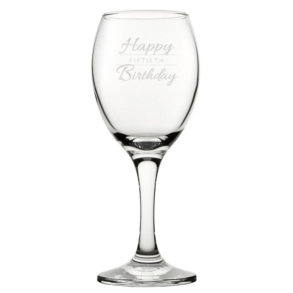 Happy 50th Birthday Modern Design - Engraved Novelty Wine Glass (Stemware) available to buy now at www.giftsfinder.co.uk