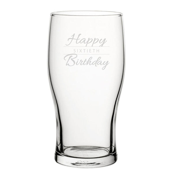 Happy 60th Birthday Modern Design - Engraved Novelty Tulip Pint Glass (Beer Glasses) available to buy now at www.giftsfinder.co.uk