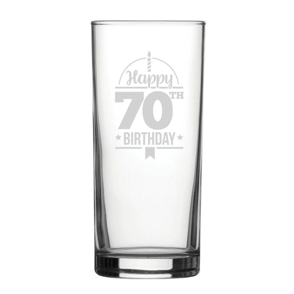 Happy 70th Birthday - Engraved Novelty Hiball Glass (Tumblers) available to buy now at www.giftsfinder.co.uk