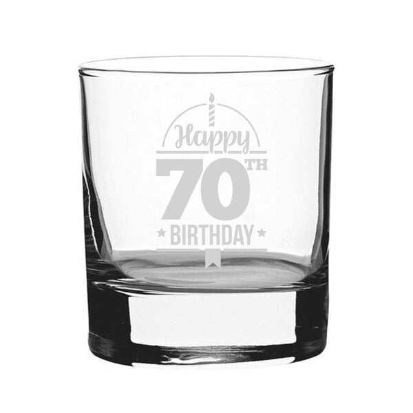 Happy 70th Birthday - Engraved Novelty Whisky Tumbler (Tumblers) available to buy now at www.giftsfinder.co.uk