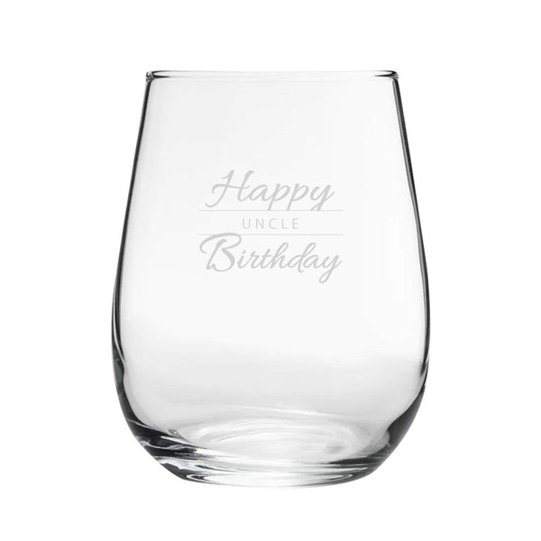 Happy Birthday Uncle Modern Design - Engraved Novelty Stemless Wine Gin Tumbler (Tumblers) available to buy now at www.giftsfinder.co.uk