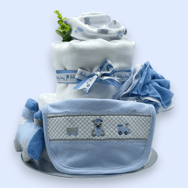 Charming 2-Tier Blue “Train” Nappy Cake – Perfect Gift for New Parents