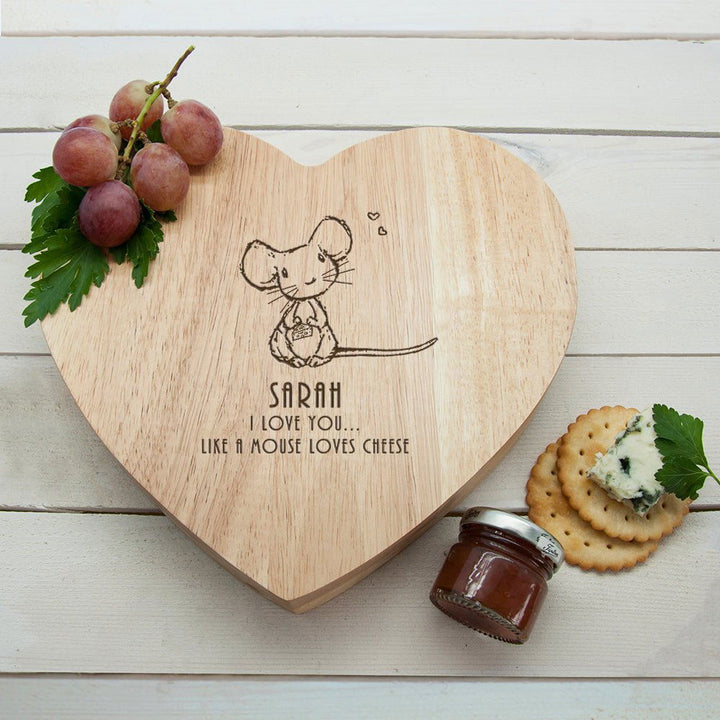 'Like A Mouse Loves Cheese' Romantic Heart Cheese Board With 3 Cheese Knives available to buy at www.giftsfinder.co.uk