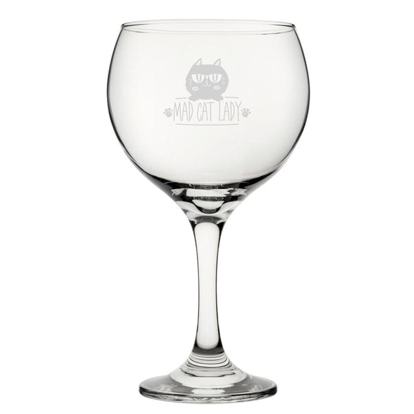 Buy Mad Cat Lady - Engraved Novelty Gin Balloon Cocktail Glass available now at www.giftsfinder.co.uk