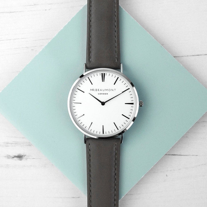 Buy Men's Modern-Vintage Personalised Leather Watch In Ash available now at www.giftsfinder.co.uk