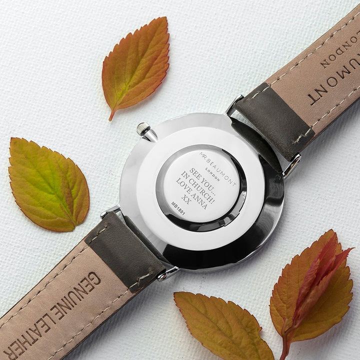 Buy Men's Modern-Vintage Personalised Leather Watch In Ash available now at www.giftsfinder.co.uk