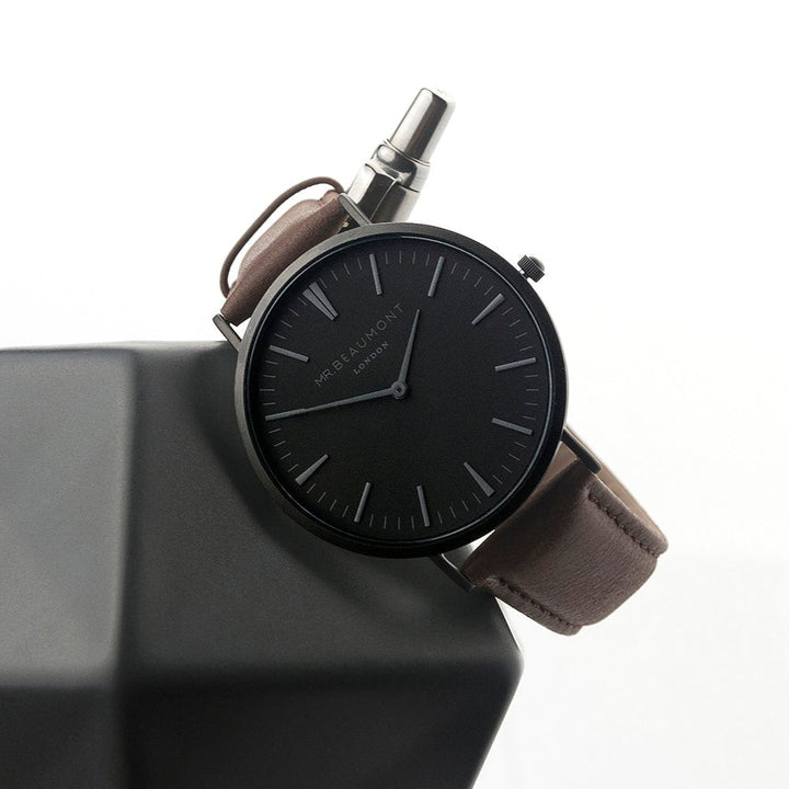 Buy Men's Modern-Vintage Personalised Watch With Black Face in Brown available now at www.giftsfinder.co.uk