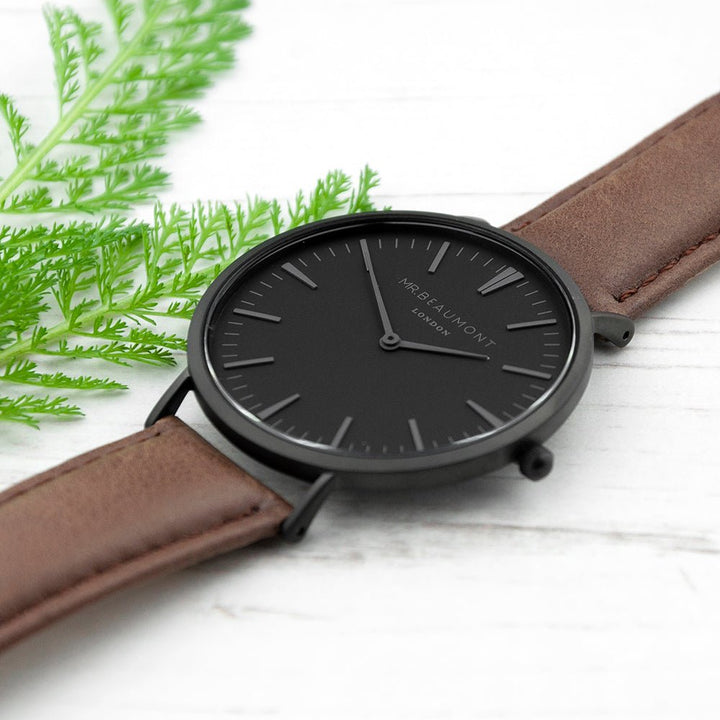 Buy Men's Modern-Vintage Personalised Watch With Black Face in Brown available now at www.giftsfinder.co.uk