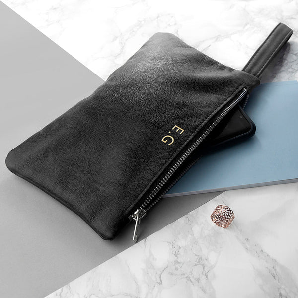 Buy Monogrammed Black Leather Clutch Bag available now at www.giftsfinder.co.uk