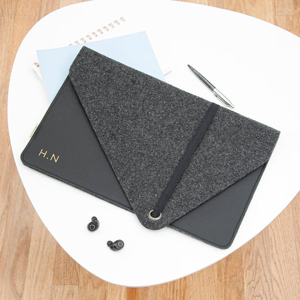 Buy Monogrammed Black Vegan Apple Leather Laptop Sleeve - 15 inch available now at www.giftsfinder.co.uk