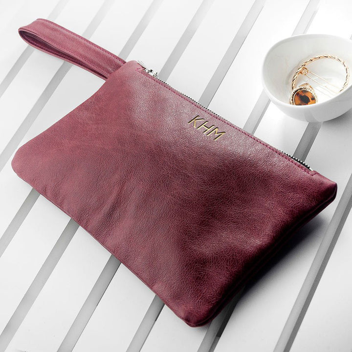 Buy Monogrammed Burgundy Leather Clutch Bag at www.giftsfinder.co.uk