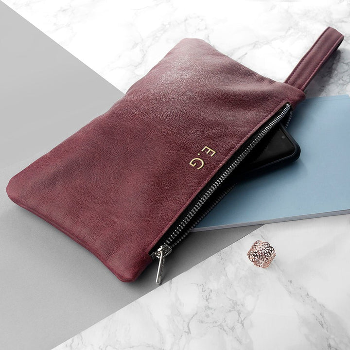 Buy Monogrammed Burgundy Leather Clutch Bag available now at www.giftsfinder.co.uk