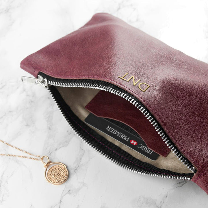 Buy Monogrammed Burgundy Leather Clutch Bag at www.giftsfinder.co.uk