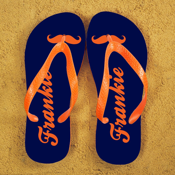 Buy Moustache Style Personalised Flip Flops in Blue and Orange available now at www.giftsfinder.co.uk