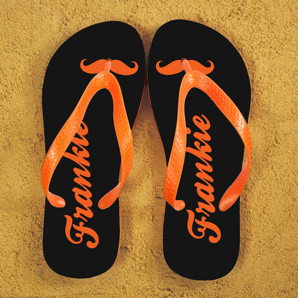 Buy Moustache Style Personalised Flip Flops in Grey and Orange available now at www.giftsfinder.co.uk