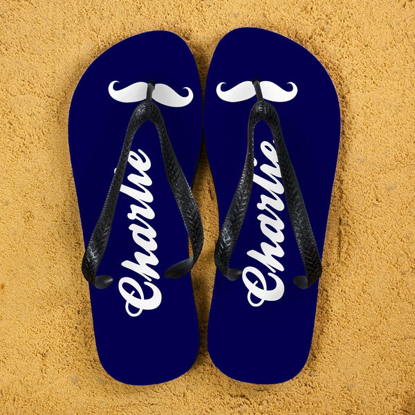 Buy Moustache Style Personalised Flip Flops in Navy Blue available now at www.giftsfinder.co.uk