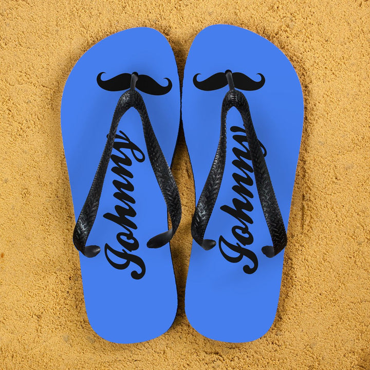 Buy Moustache Style Personalised Flip Flops in Royal Blue available now at www.giftsfinder.co.uk