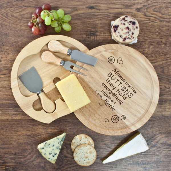 'Mums Are Like Buttons' Round Cheese Board (Personalised Wooden Cheese Boards) available to buy now at www.giftsfinder.co.uk