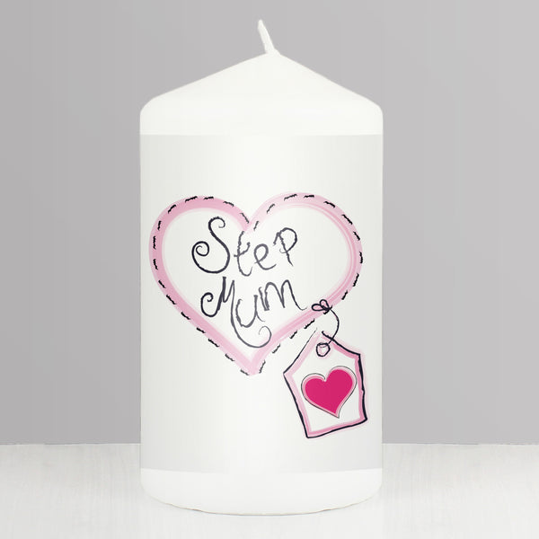 Step Mum Heart Stitch Pillar Candle in gift category Personalised Candles