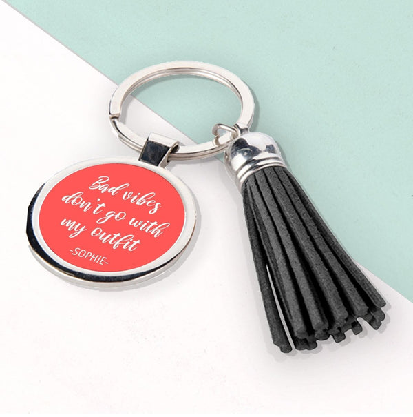 Buy No Bad Vibes Tassle Keyring available now at www.giftsfinder.co.uk