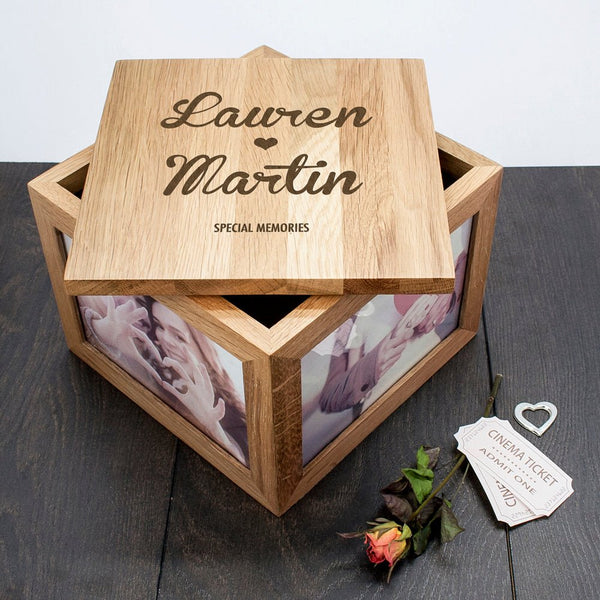 Buy Oak Photo Keepsake Box Couple Name and Heart available now at www.giftsfinder.co.uk