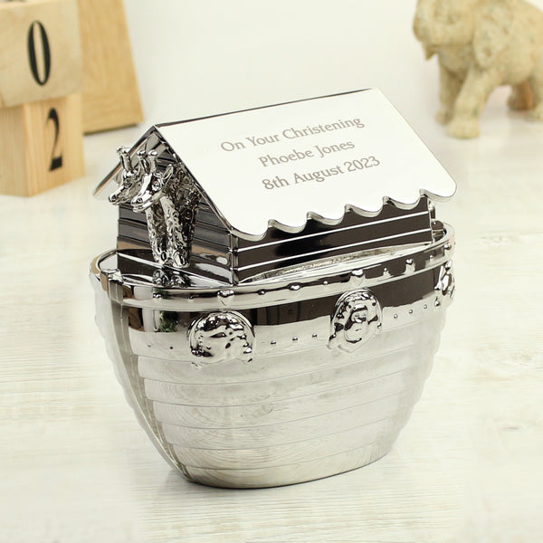 Personalised Silver Noahs Ark Money Box in gift category Personalised Money Boxes