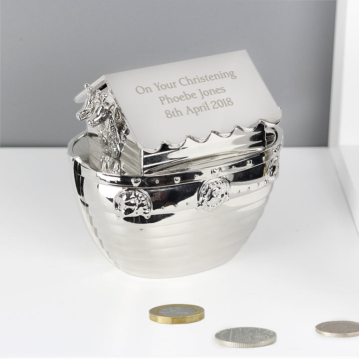 Personalised Silver Noahs Ark Money Box in gift category Personalised Money Boxes